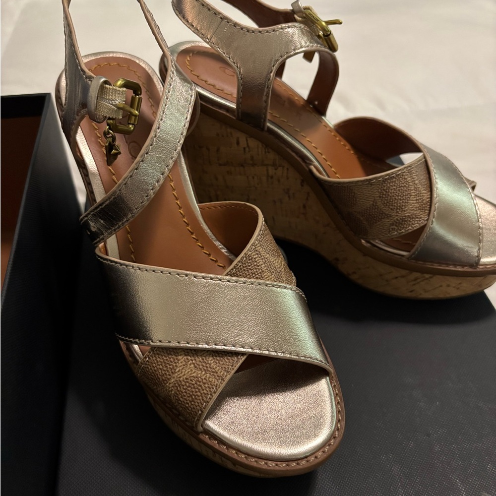 Coach Gold Wedge Sandals with Crisscross Straps